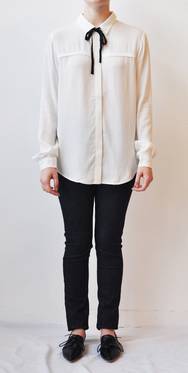 Just Female "Barbro" White Blouse w/ Black Tie Neck Just Female "Barbro" White Blouse w/ Black Tie Neck
