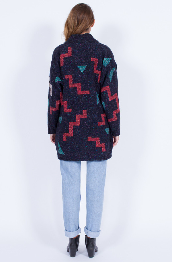 Yo Vintage! NAVY WOOL SHAPES KNIT COATIGAN (ONE SIZE) Yo Vintage! NAVY WOOL SHAPES KNIT COATIGAN (ONE SIZE)