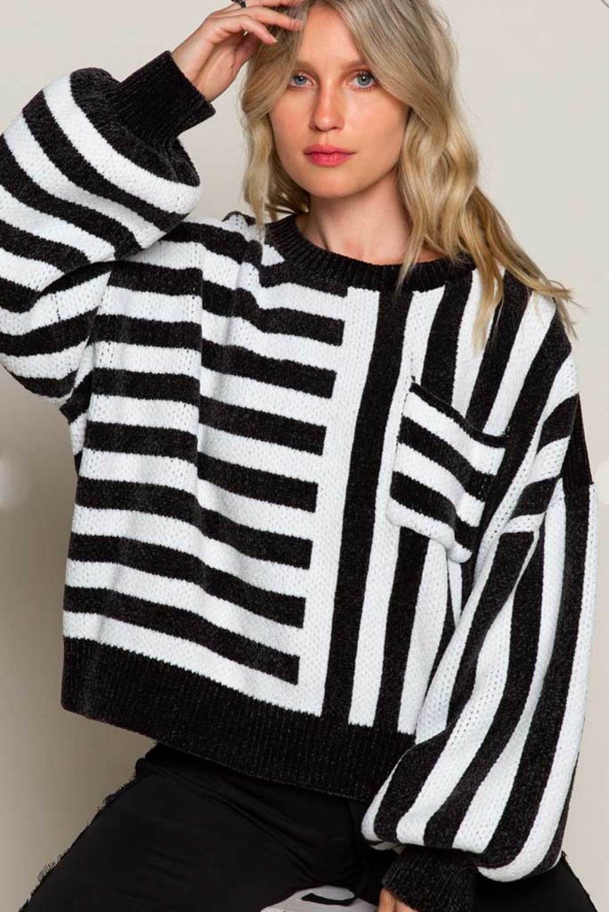 Pol Knit Stripe Crop Sweater - White 