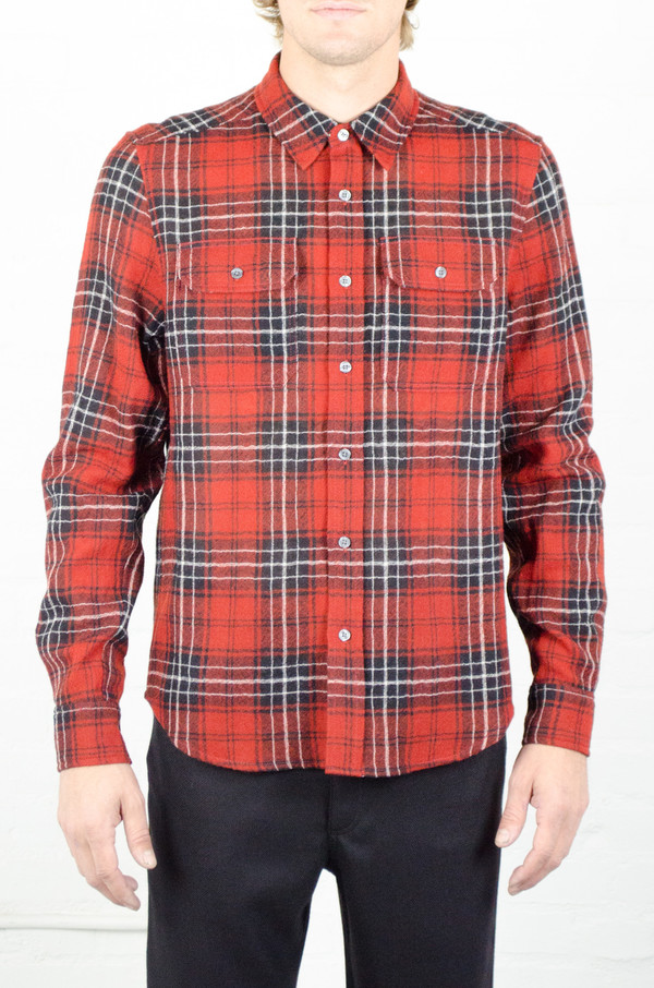 Men's Odin Worsted Wool Red Plaid Gauze Shirt Men's Odin Worsted Wool Red Plaid Gauze Shirt