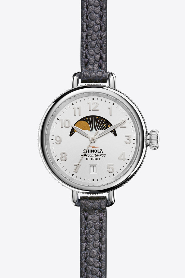 Shinola The Birdy 34mm Moon Phase Watch in Silver/Navy Shinola The Birdy 34mm Moon Phase Watch in Silver/Navy