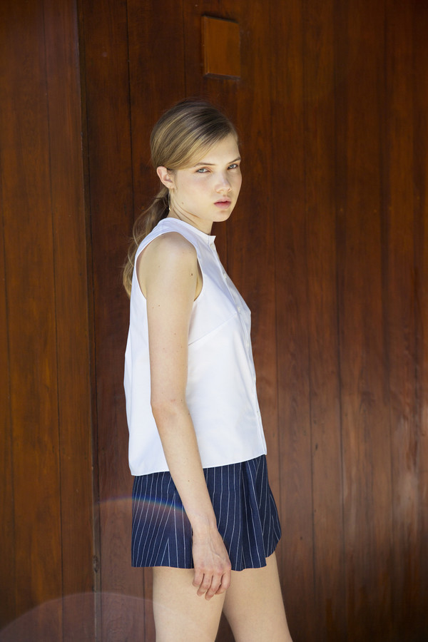 UNIFORME Heath High Waisted Shorts - Indigo Stripe Linen UNIFORME Heath High Waisted Shorts - Indigo Stripe Linen