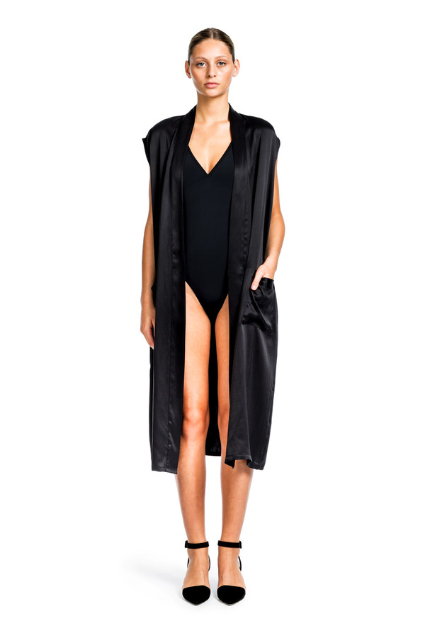 Beth Richards Silk Gilet - Black LONG SILK VEST WITH POCKETS Beth Richards Silk Gilet - Black LONG SILK VEST WITH POCKETS