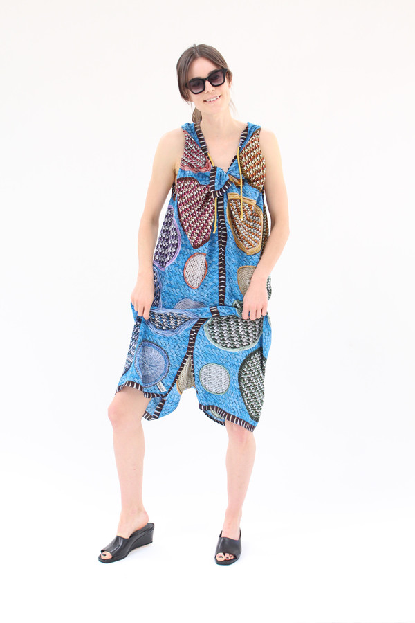Hui Hui Silk Overall Dress Blue Basket Print Hui Hui Silk Overall Dress Blue Basket Print