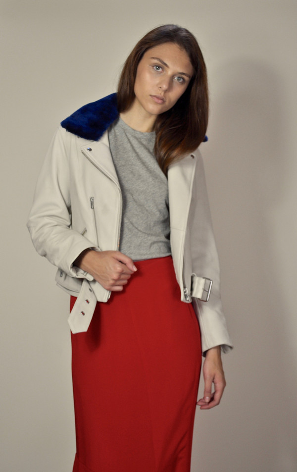 Veda National Cream Leather Jacket with detachable Navy Shearling Collar Veda National Cream Leather Jacket with detachable Navy Shearling Collar