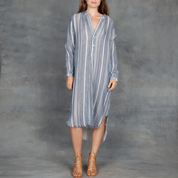 Raquel Allegra Cotton Gauze Henley Dress in Blue Stripe Raquel Allegra Cotton Gauze Henley Dress in Blue Stripe