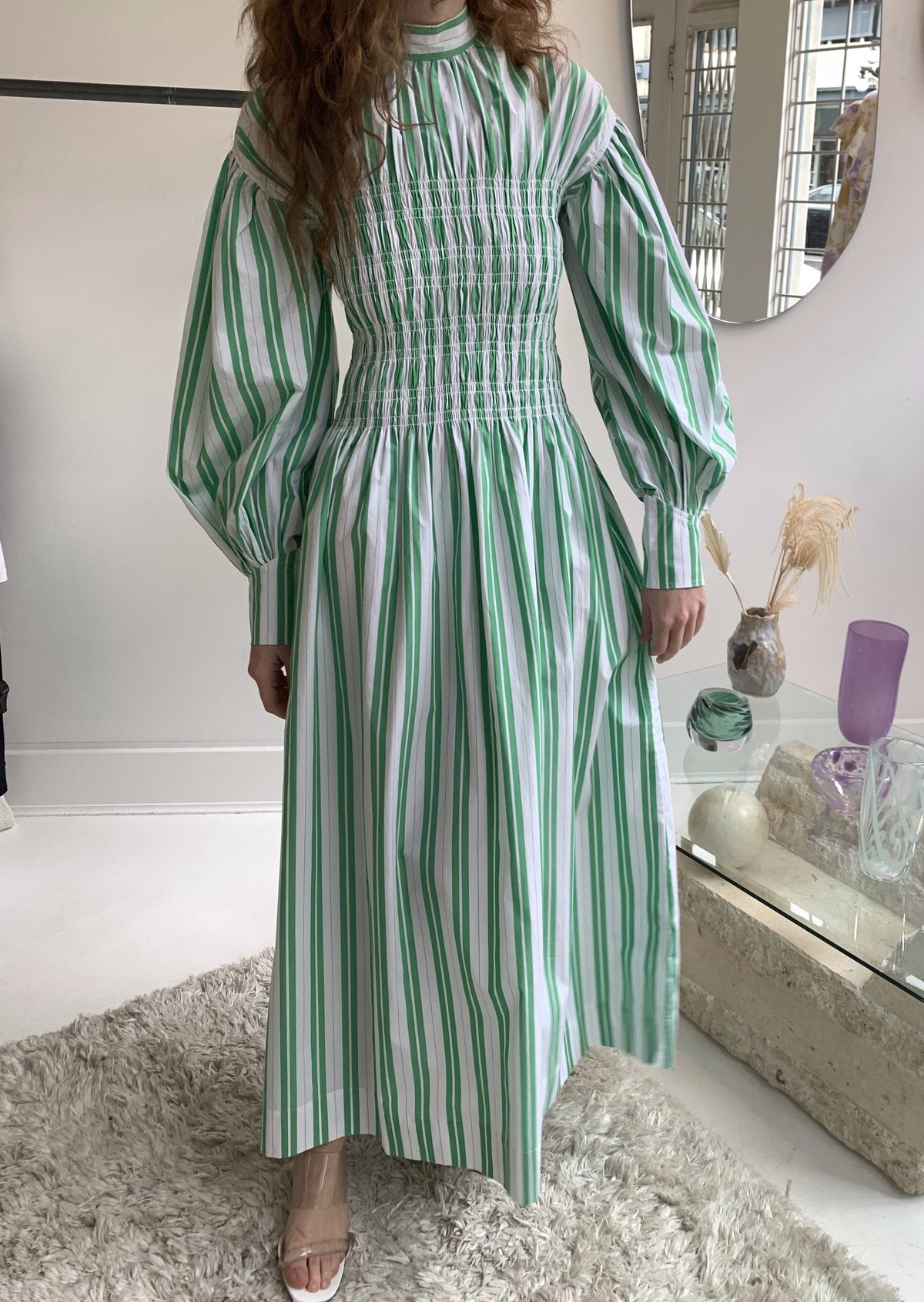 Ganni Stripe Cotton Dress Kelly Green Garmentory