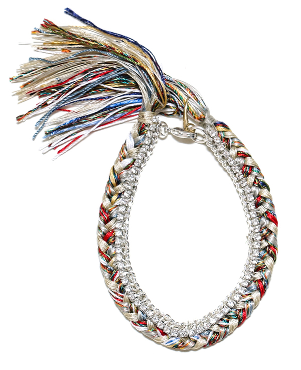 Alyssa Norton Multi Colored Silk Bracelet with Silver Chain and Clear Rhinestones Alyssa Norton Multi Colored Silk Bracelet with Silver Chain and Clear Rhinestones
