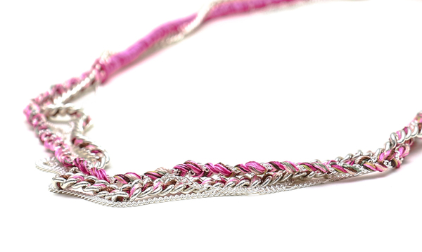 Alyssa Norton Silk Thread and Chain Necklace in Neon Pink and Silver Alyssa Norton Silk Thread and Chain Necklace in Neon Pink and Silver
