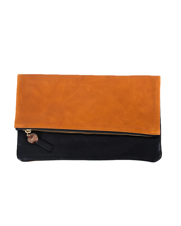 Clare Vivier Foldover Clutch in Two Tone Tan/Black Clare Vivier Foldover Clutch in Two Tone Tan/Black