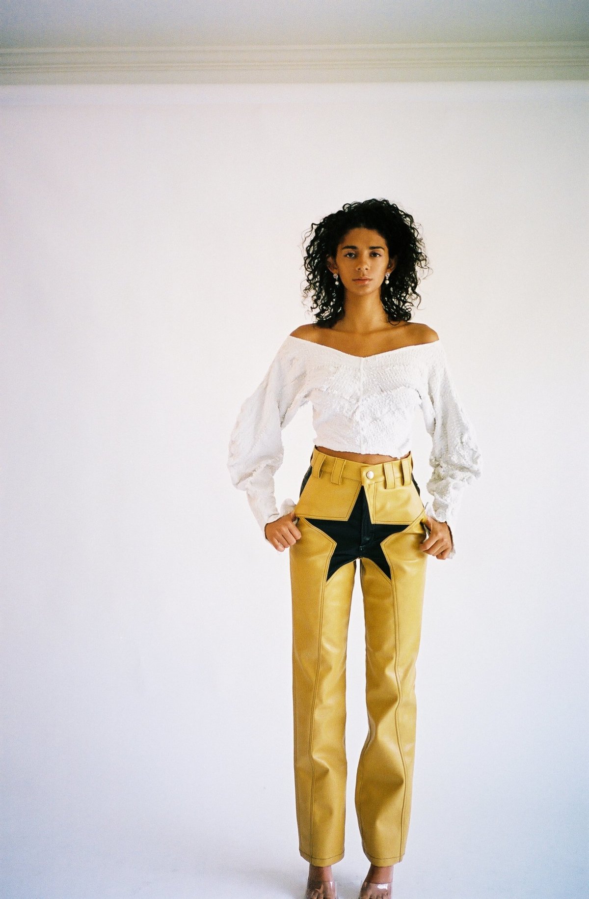 yellow faux leather pants