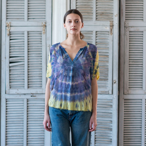 Raquel Allegra Tie Dye Short Sleeve Shirred Blouse Raquel Allegra Tie Dye Short Sleeve Shirred Blouse