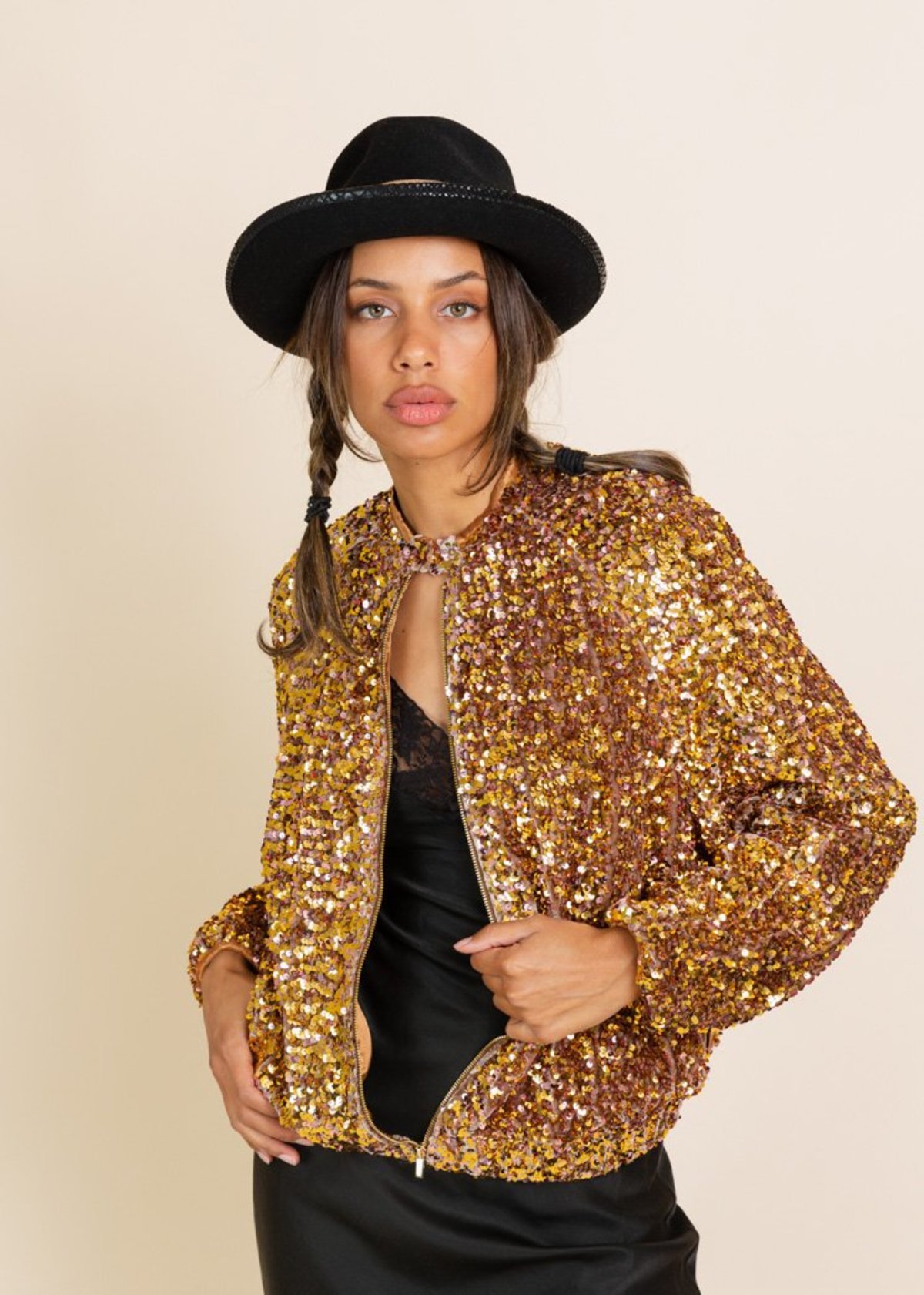black and gold sequin bomber jacket