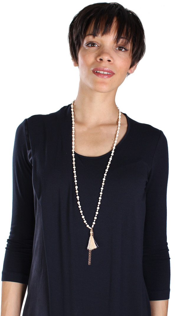 James and Jezebelle Howlite Beads & Gold Tassel Necklace James and Jezebelle Howlite Beads & Gold Tassel Necklace