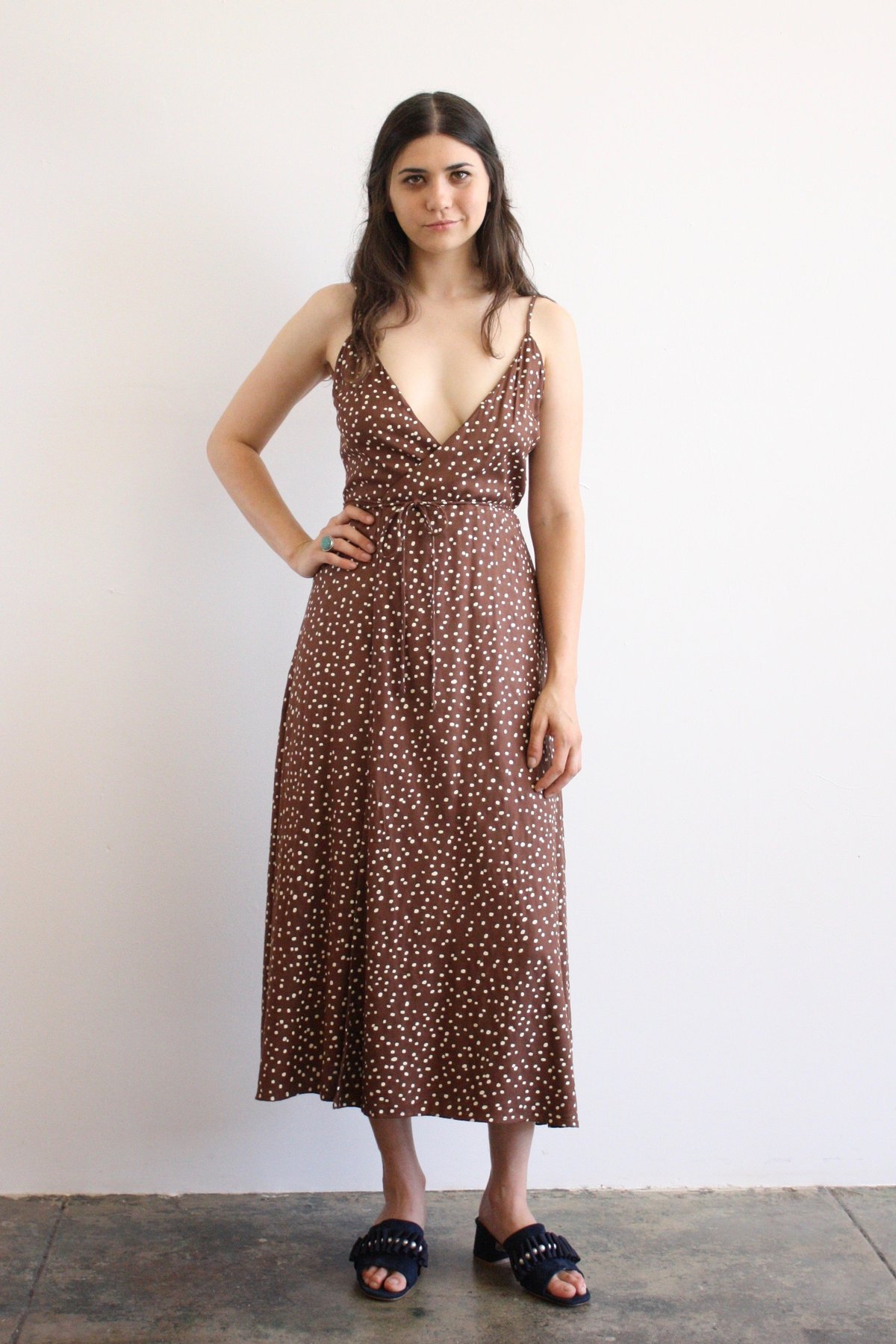 brown polka dot wrap dress